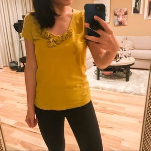 J Crew Mustard Yellow Flower Trim Tee S